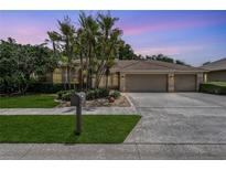 Charming single-story home featuring a well-manicured lawn, mature palm trees, and a three-car garage at 1046 Middlesex Dr, New Port Richey, FL 34655