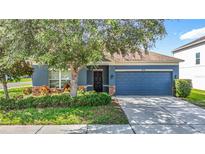 Charming single-Gathering home with a blue exterior, a well-manicured lawn, and an attached two-car garage at 18339 Fish Loop, Land O Lakes, FL 34638