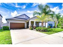 Charming single-story home with a well-manicured lawn and a two-car garage at 11011 Little Blue Heron Dr, Riverview, FL 33579