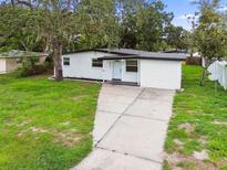 Charming home exterior featuring mature trees, a well-kept lawn, and a paved driveway at 4220 E Regnas Ave, Tampa, FL 33617