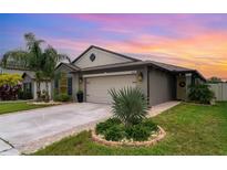 Charming single-Gathering home with well-manicured lawn, lush landscaping, and two-car garage at sunset at 9514 Channing Hill Dr, Sun City Center, FL 33573