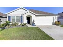 Charming single-story home featuring manicured lawn and a two-car garage at 1332 Ocean Spray Dr, Ruskin, FL 33570