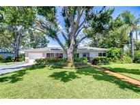 Charming single-story home with a lush, well-manicured lawn and mature shade trees enhancing its curb appeal at 2201 Horan S Way, Gulfport, FL 33707