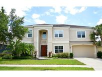 Beige two-story home with a well-manicured lawn, two-car garage, and mature landscaping at 11408 Scribner Station Ln, Lithia, FL 33547