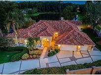 Stunning aerial view of tile roof home with lush landscaping and lake views in a beautiful, private setting at 1303 Forestedge Blvd, Oldsmar, FL 34677