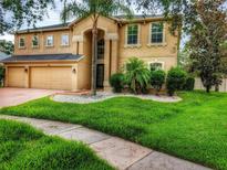 Beautiful home with lush front lawn and mature palm tree at 29916 Cedar Waxwing Dr, Wesley Chapel, FL 33545