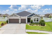 Charming single-story home featuring a well-manicured lawn and a two-car garage and beautiful landscaping at 6879 Talamore Dr, Wesley Chapel, FL 33545