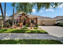 Charming home with stone accents, landscaped yard, three-car garage, and American flag on a sunny day at 8704 Winsome Way, Land O Lakes, FL 34637