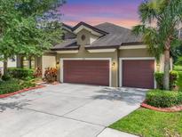 Inviting two-car garage home with neutral-toned exterior paint and well-maintained landscaping at 13821 Moonstone Canyon Dr, Riverview, FL 33579