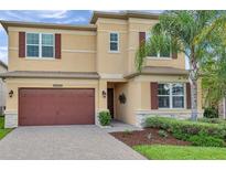 Beautiful two-story home featuring a well-manicured front yard, two car garage, and red shutters at 32203 Mahogany Valley Dr, Wesley Chapel, FL 33543