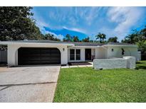 Charming single-story home with a dark-colored garage door and manicured lawn under a bright blue sky at 3411 Glossy Ibis Ct, Palm Harbor, FL 34683