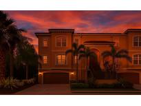 Elegant townhouse featuring a two-car garage, complemented by lush landscaping and a stunning sunset backdrop at 6513 Sand Shore Ln, New Port Richey, FL 34652