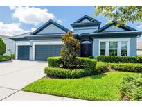 Charming single-story home featuring a well-maintained lawn and a two-car garage at 6817 Ebb Tide Ave, Apollo Beach, FL 33572