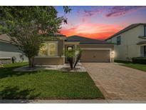 Charming single-Gathering home featuring a brick driveway, two-car garage, and mature landscaping under a dramatic sunset at 12322 Eagle Swoop Pl, Riverview, FL 33579