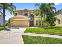 Beige two-story home featuring a two-car garage, manicured lawn, and tropical palm trees at 19028 Narimore Dr, Land O Lakes, FL 34638