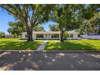 Beautiful home with a manicured lawn and mature trees lining the walkway and the property at 4391 Ne Cherry Ne St, St Petersburg, FL 33703