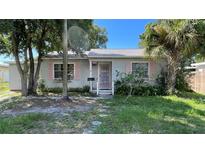Charming single-story home with light gray siding, pink shutters, and a well-manicured front yard at 8211 Diagonal N Rd, St Petersburg, FL 33702
