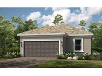 View of a home's attached two-car garage with a decorative door and adjacent landscaping at 3877 Consolare Ct, Wesley Chapel, FL 33543