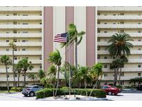 Exterior view of the Continental Condominium with lush landscaping, palm trees, and the American flag on display at 4775 Cove Cir # 803, St Petersburg, FL 33708