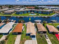 Aerial view of waterfront home with private boat dock on a canal community at 4849 Floramar Ter, New Port Richey, FL 34652