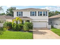 Charming two-story home featuring a well-maintained lawn, tropical landscaping, and a two-car garage at 8305 Praise Dr, Tampa, FL 33625