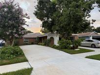 Charming home featuring lush landscaping, mature trees, and a spacious driveway under a beautiful sunset at 402 Evergreen Dr, Oldsmar, FL 34677