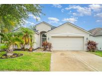 Charming single-story home with a two-car garage, manicured lawn, and tropical landscaping at 12721 Avelar Creek Dr, Riverview, FL 33578