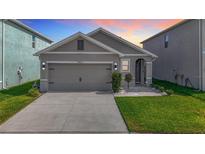Charming home featuring a gray exterior, well-manicured lawn, and a two-car garage, enhanced by landscaping at 34033 Jasper Stone Dr, Wesley Chapel, FL 33543
