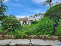 Overgrown front yard of a single-story home with white exterior and flat roof, under a blue sky with scattered clouds at 3413 Richboro Dr, Holiday, FL 34691