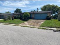 Quaint single-story home with a front lawn and an attached garage at 9510 Mark Twain Ln, Port Richey, FL 34668