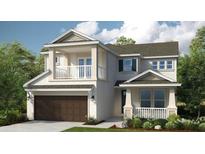 Charming two-story home featuring a two car garage and a balcony with white railings at 1806 Longliner Loop, Wesley Chapel, FL 33543