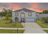 Charming two-story home with a well-manicured lawn and inviting curb appeal during a lovely sunset at 2746 Heathgate Way, Land O Lakes, FL 34638