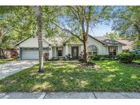 Charming single-story home with lush landscaping, mature trees, and a well-manicured lawn at 5423 Windbrush Dr, Tampa, FL 33625