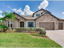 Beautiful stone home with a well-manicured lawn, palm tree and paved driveway on a sunny day at 6057 Marsh Trail Dr, Odessa, FL 33556