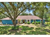 Charming single-story home with blue siding and mature landscaping under the shade of large trees at 2515 Pemberton Creek Dr, Seffner, FL 33584