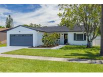 Charming single-story home featuring a well-maintained lawn, a blue painted driveway and a gray garage door at 7815 Shadow Run Dr, Largo, FL 33773
