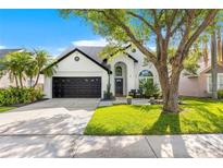 Charming single-Gathering home with manicured lawn and a black two-car garage at 14509 Thornfield Ct, Tampa, FL 33624