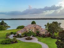 Stunning aerial view of a waterfront mansion with lush landscaping and a winding driveway at 12125 Stonelake Ranch Blvd, Thonotosassa, FL 33592
