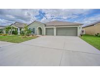 Charming single-story home with a well-manicured lawn and a spacious three-car garage at 13527 Willow Bluestar Loop, Riverview, FL 33579