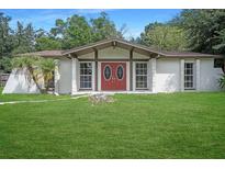 Charming single-story home with a well-manicured lawn and a unique red double-door entrance at 8610 Fish Lake Rd, Tampa, FL 33619