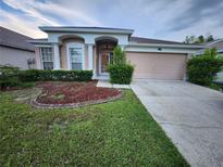 Charming single-story home featuring a well-manicured lawn and a two-car garage at 10539 Egret Haven Ln, Riverview, FL 33578