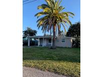 Charming single-story home featuring a lush lawn and a mature palm tree in the front yard at 10160 118Th Ave, Largo, FL 33773