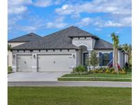 New home with a three-car garage, lush landscaping, and beautiful lawn at 11324 Striped Bass Ct, New Port Richey, FL 34654