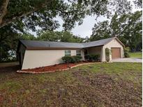 Charming single story home featuring neutral stucco exterior and well maintained landscaping with mature trees and mulch beds at 11308 Echo View Dr, Odessa, FL 33556