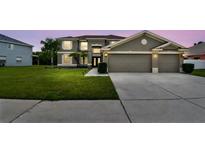 Beautiful home exterior with a well-manicured lawn, spacious driveway, and an attached two-car garage at 12915 Carlington Ln, Riverview, FL 33579