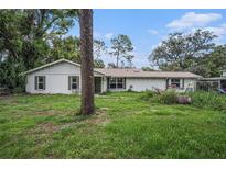 Charming single-story home with light exterior, lush lawn, and mature trees creating a private setting at 36251 Horseshoe Dr, Zephyrhills, FL 33541