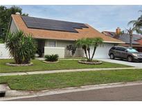 Charming single-story home with well-manicured lawn and solar panels on the roof at 8718 Lindenhurst Pl, Tampa, FL 33634