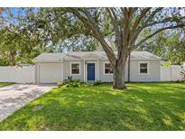 Charming single-story home featuring a well-manicured lawn and a blue front door under the shade of a mature tree at 4717 W Anita Blvd, Tampa, FL 33611
