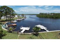 Aerial view of waterfront property featuring boat docks, lush landscaping and access to tranquil waters at 6711 Arroyo Dr, New Port Richey, FL 34652