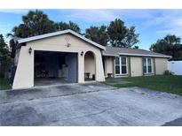 Beige home with attached garage, mature landscaping, and concrete driveway with tropical palms and blue sky at 10102 Missy Ct, Tampa, FL 33615